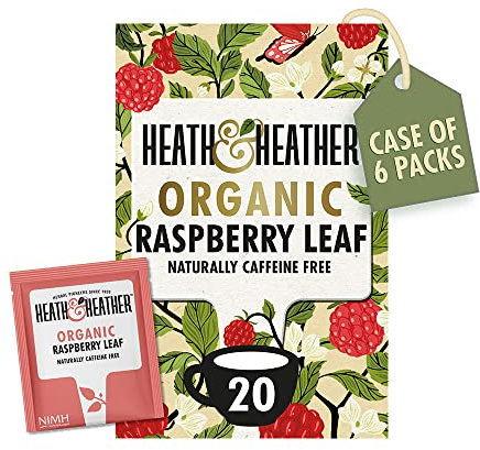 Heath & Heather Organic Raspberry Leaf Teabags (6 Packs of 20, Total 120) Individually Wrapped Caffeine-Free Herbal Tea Infusions