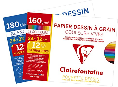 Clairefontaine 196778AMZC - Lot de 2 - Pochette Dessin Scolaire - 15 Feuilles (12+3 gratuites) - Papier Dessin à Grain Couleurs Vives 160g et Papier dessin blanc 180g- 24x32 cm