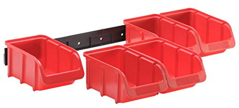 hünersdorff Sichtboxen-Set: 1x Kunststoffschiene plus 5 x Lagerboxen der Größe 1, Wandhalter inkl. Aufbewahrungsboxen für Regalsystem, Rot