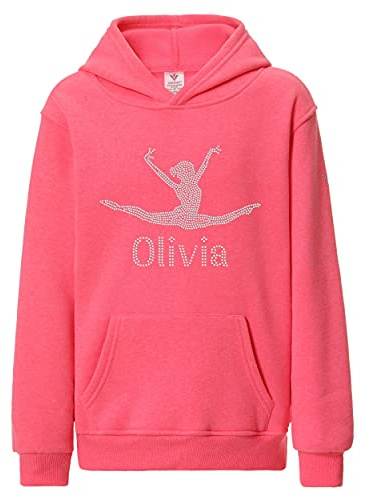 Personalised Girls Gymnastics Hoodie Crystallized Dance Hoody | Custom name leotard design, sparkly rhinestone top, kids activewear, dancer training clothing and gymnastics gift