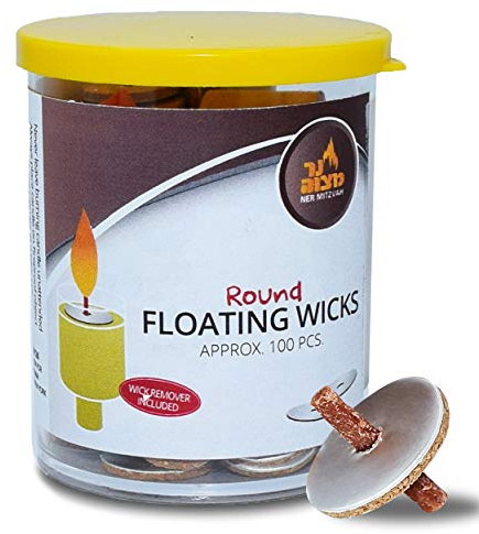 Ner Mitzvah Round Floating Wicks, Cotton Wicks and Cork Disc Holders for Oil Cups, Bonus Wick Removal Tweezers - 100 Count (Approx)