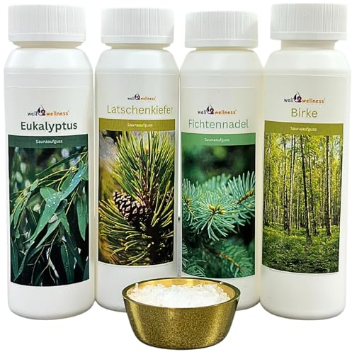 well2wellness Huiles essentielles Classique 3 Sauna Infusion set de 4 x 125 ml eucalyptus, épicéa, pin et bouleau