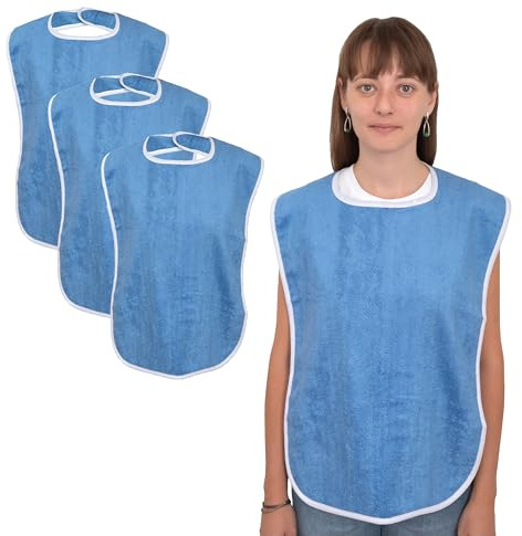 Elaine Karen Adult Bibs for Eating - Adult Bibs for Women - Bib for Men & Seniors - Bib for Adults, Clothing Protector, 100% Cotton Terry Cloth, Large 18x30, Absorbent, Machine Washable, Blue, 3 Pack