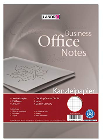Landré Kanzlei-Papier Recycling A3 auf A4 gefalzt, kariert, 70 g/m², 250 Kanzlei-Bogen