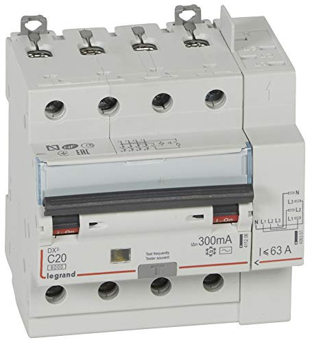 Legrand 411217 Disjoncteur différentiel monobloc DX³6000 10kA arrivée haute vis départ haut automatique, 4P, 400V, 20A typeAC, 300mA