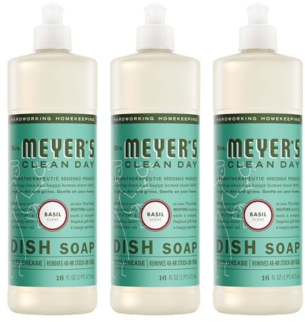 MRS. MEYER'S CLEAN DAY Liquid Dish Soap, Basil Scent, 16 Fl Oz Bottle - 3 Pack