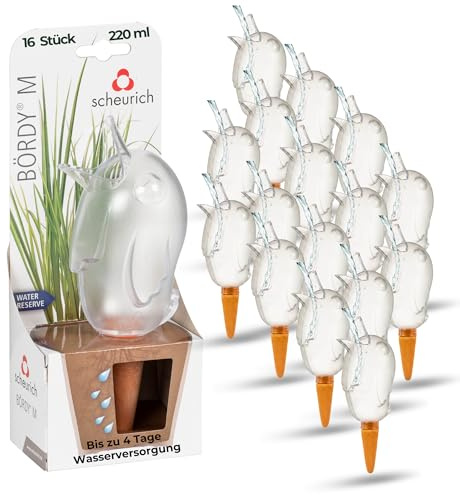 Scheurich Wasserspender Bördy M | 16 x Klar | 220ml Füllmenge | Bewässerungskugel klein mit Ton Fuß | Wasserspender Pflanzen und Blumen Terrakotta Stiel