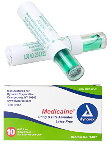 Dynarex Medicaine Sting & Bite Ampules - Bug Bite Itch Relief with 20% Benzocaine USP & 1% Menthol USP Liquid Formula for Pain, Itching, Irritation - .02 fl. oz. Each, Box of 10