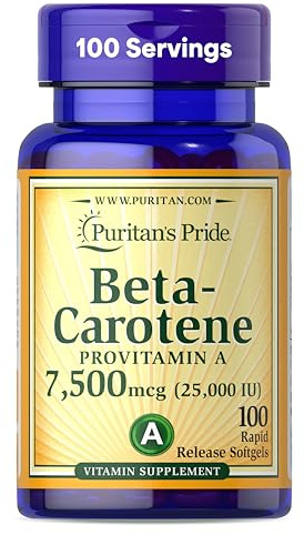 Puritan's Pride Beta Carotene Provitamin A 7,500mcg (25,000 IU), Vitamin Supplement for Immune System, Antioxidant and Eye Health Support, 100 Day Supply, 100 Rapid Release Softgels