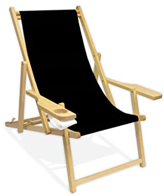 Promo Trade Holz-Liegestuhl mit Armlehne und Getränkehalter, Klappbar, Wechselbezug (Schwarz)