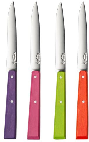 OPINEL No. 125 Table Knives, 4 Piece Set, High Carbon Steel Dinner Knives for Parties, Entertaining, or Everyday Use, Painted Hornbeam Handles, Made in France (POP)