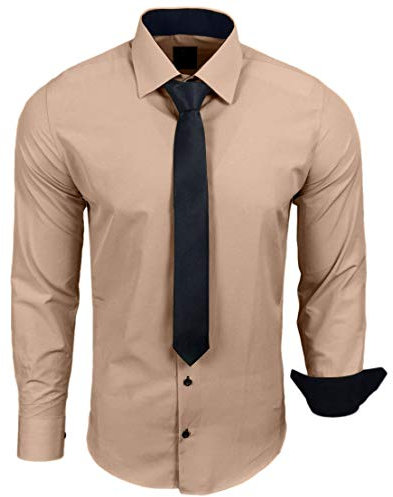 Baxboy 444-BK Herren Kontrast Hemd Business Hemden mit Krawatte Hochzeit Freizeit Fit, Farbe:Beige, Größe:3XL