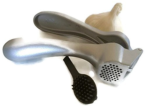 Pampered Chef Garlic Press 2575 - Easy Squeeze, Rust Proof, Ergonomic Handle - Professional Garlic Mincer & Ginger Press with Handy Cleaning Brush
