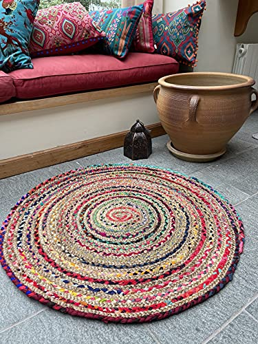 Second Nature Online Mishran-Teppich, umweltfreundlich, rund, geflochten, aus natürlicher Jute und recyceltem Material, mehrfarbig 60cm Diameter multi