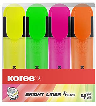 Kores Bright Liner Highlighter Pens, Chisel Tip, Assorted Colours (Pack of 4), 36140