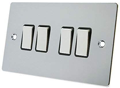 Alliance Electrical FPC4GSWIBC Polished Chrome Flat Black Insert Metal Rocker Switches-10 Amp Quad 4-Gang 2 Way Light Switch, 240 V