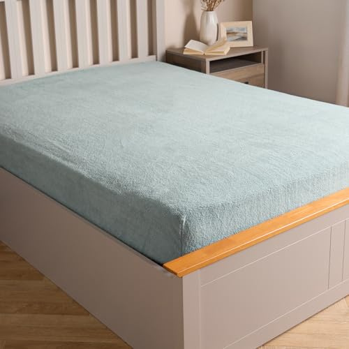 Brentfords Teddy Fleece Fitted Sheet, Gifts for Women Men Super Soft Warm Fitted Bed Sheets Double Thermal Luxury Winter Cuddly Bed Sheets Teddy Bear Bedding Easy to Use Fit, Duck Egg