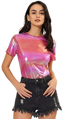 Allegra K Dam kortärmad rund hals metallisk topp blus t-shirt, ROSA, S