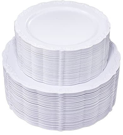U-QE 100 Pieces White Plastic Plates - White Disposable Plates - Premium Hard Plastic Disposable Plates for Wedding and Party Use Including 50 Dinner Plates 10 '' & 50 Dessert Plates 7.5 ''
