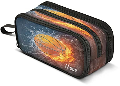 Basketball Ball in Fire and Water Custom Pencil Case 3 Compartment Kids Name Pen Bag Pouch Holder Box School Portable Stationery Storage Bag for Girls Boys