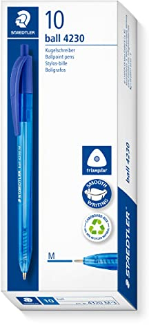 STAEDTLER dreikant retract Kugelschreiber, Schreibfarbe blau, Linienbreite M ca. 1,00 mm, für entspanntes Schreiben, 10 blaue Kugelschreiber im Kartonetui, 4230 M-3