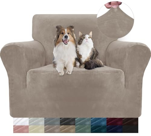YSTELLAA Samt Sofa Überzug 1 Sitzer, Stretch Sesselhusse Universal, Sofaschoner rutschfest, Sofa Covers Mit Armlehne, Couch Bezug Schutz Katze, Waschbare Couchschoner, Khaki