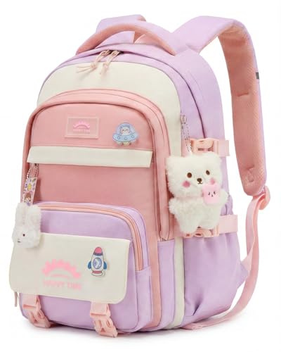 Tanou Cartable Fille Primaire, 20L Sac a Dos Fille Kawaii avec Pendentif | Sacs Scolaires Léger et Imperméable en Nylon pour Enfants de 8 à 14 ans, Rose