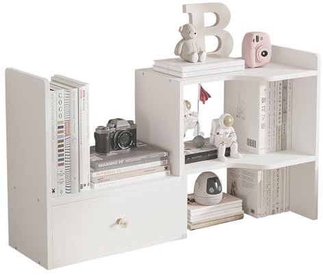 NUODWELL Erweiterbares Schreibtisch-Bücherregal, freistehend, verstellbar, Büro-Aufbewahrungsregal, Schreibtisch-Organizer, Arbeitsplatte, Bücherregal für Büro und Zuhause (weiß)