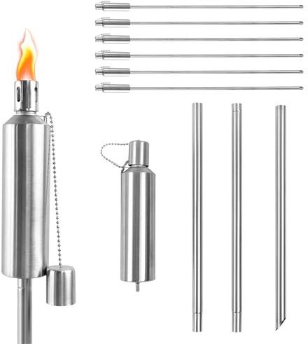 UISEBRT Lot de 6 torches de jardin pour l'extérieur - En acier inoxydable - Mèche en fibre de verre - 330 ml - Rechargeable - 115 cm de haut