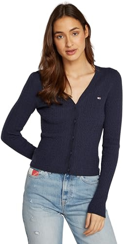 Tommy Jeans Cardigan Femme Cable Essential avec Patte de Boutonnage, Bleu (Dark Night Navy Melange), XL