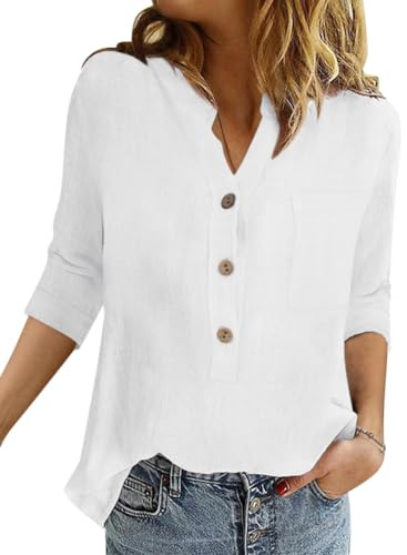 Onsoyours Chemisier Femme Chic Sexy Chemise en Coton Lin à Manche 3/4 Décontracté Blouse Ample à Col V Tunique Printemps Eté Top Couleur Unie Lâche Respirant T-Shirts A Blanc L