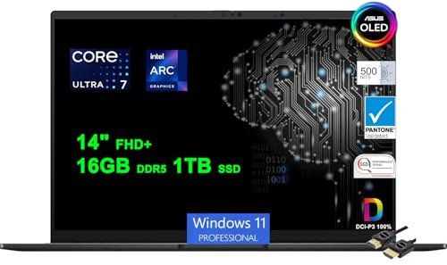 ASUS Zenbook OLED Copilot AI PC Laptop | 14 FHD+ Lumina OLED Touch 550nits 100% DCI-P3 Glossy | Intel 16-core Ultra 7 155H | 16GB DDR5 1TB SSD | Backlit Thunderbolt Harman/kardon Win11Pro +HDMI Cable