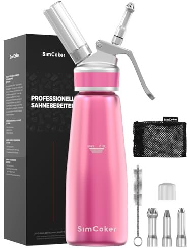 SimCoker Sahnespender 500ml,Aluminium Schlagsahnebereiter,Sahnesiphon Ersatzteile 3 Edelstahl Spritztüllen 1 Reinigungbürste,Deutsche Anweisungen,Rosa