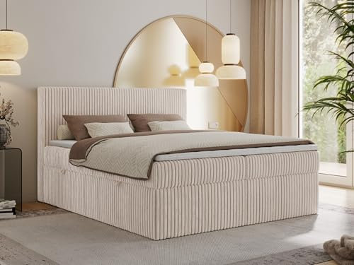 MKS MEBLE Boxspringbett mit Matratze H4, Doppelbett mit Stauraum, Polsterbett - Tiliano in Beige Cord, 180x200 mit Bettkasten und Kopfteil