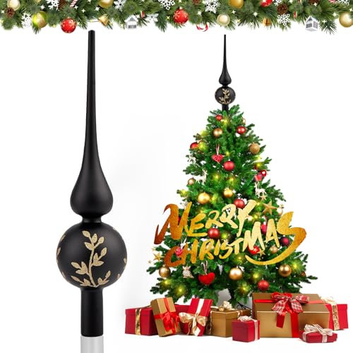 JOYUE Puntale per Albero di Natale, Cima Albero di Natale 26 cm Puntale Albero di Natale Vetro, Punta Albero di Natale Nero, Christmas Tree Topper Decorazione Natalizie (Nero Opaco)