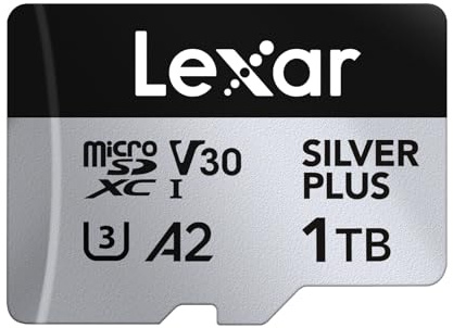 Lexar Silver Plus Micro SD Card 1TB, Up to 205 MB/s Read Speed, 150 MB/s Write Speed, Memory Card Micro SD with SD Adapter, UHS-I, A2, U3, V30, Class 10, 4K UHD microSDXC