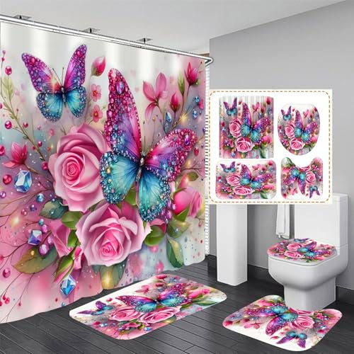 DDQQ 4 st rosa glitter blommor duschdraperi-set ros badrumsset fjäril diamant duschdraperi med 12 krokar badrumsdekor med mattor badtillbehör med mattor toalettlocksöverdrag