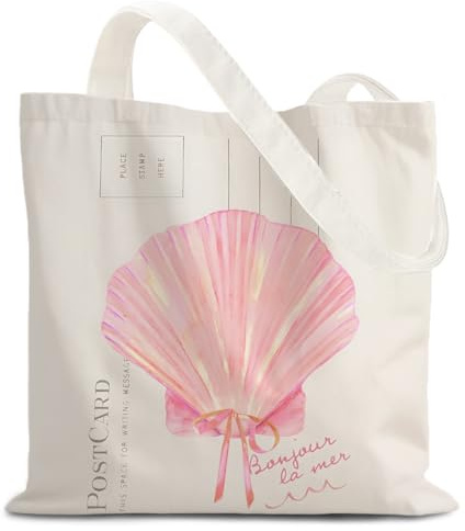 URLLUAE Pink Beach Seashell Preppy Canvas Tote Bag for Women, Coastal Granddaughter Aesthetic Tote Bag, Gifts for Beach Lovers, Reusable Shopping Grocery Bags