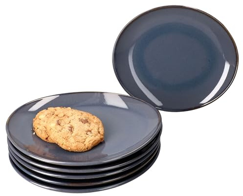 MÄSER 6er Set Natural Kuchenteller I ovale dunkelblaue Steingut-Frühstücksteller für 6 Personen I kleine Teller für Salat, Dessert, Fingerfood & Co.