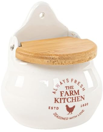 ROCKING GIFTS Saliera in ceramica bianca con coperchio in legno, 12 cm, barattolo per sale e spezie per la cucina e il riposo a parete