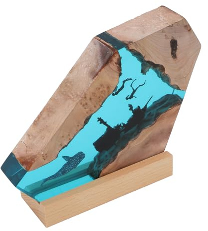 Shark Ship Diver Night Light Table Lamp Resin Ocean Lamp Handmade Resin Diver Deep Sea Cave Diving Led Light Desktop Ornament for Bedroom Office Decoration
