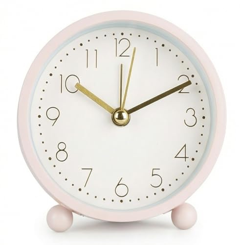 MIJOMA Retro väckarklocka analog utan tickande – tyst kvartsur med guldfärgade visare och urtavla, kompakt 9,5 x 9,5 x 4 cm – snygg design för sovrum och kontor (rosa)
