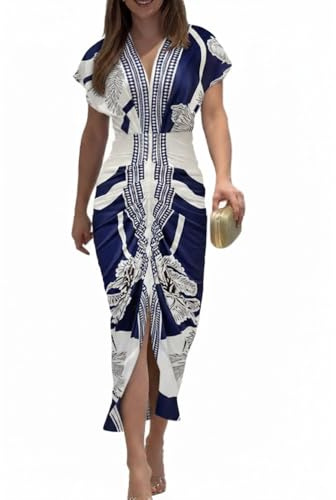 CHICME Summer Dresses for Women Floral Print Plunge V Neck Midi Dress Casual Ruched Slit Bodycon Party Dress Blue-L