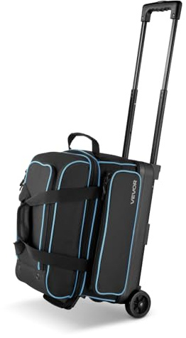 VEVOR Sac de Bowling à roulettes, Valise de Transport pour 2 Boules, avec Compartiment pour Chaussures, Poche pour Accessoires Surdimensionnée et Poignée Rétractable Extensible, Noir et Bleu