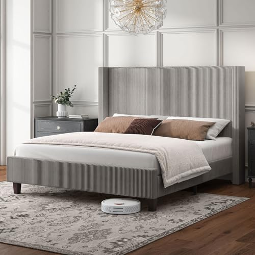 HOWE California King Size Upholstered Platform Bed Frame, Wingback Bed with 50.8 Headboard, Corduroy/Solid Wood Leg/No Box Spring Needed/Noise Free/Taupe