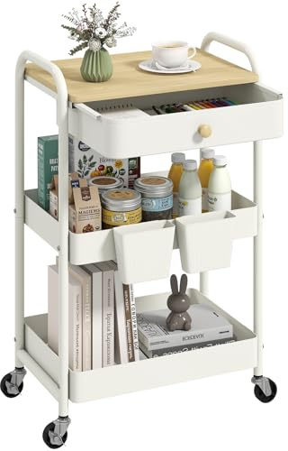danpinera 3 Tier Rolling Cart, Metal Utility Cart with Wooden Table Top & Drawer, Rolling Carts, Storage Cart with Hanging Cups for Kitchen, Bathroom, Office
