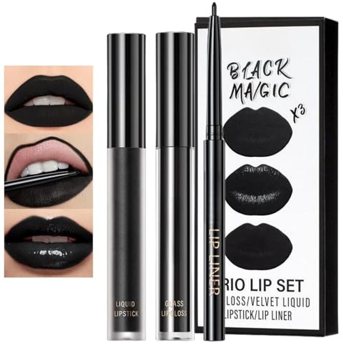 3Pcs Black Matte Liquid Lipstick, Lip Liner & Lip Gloss Trio Set - Long-Lasting Waterproof Lip Stain, Moisturizing Non-Sticky Velvet Finish for Halloween Go/th Makeup, High-Pigment Lip Colors
