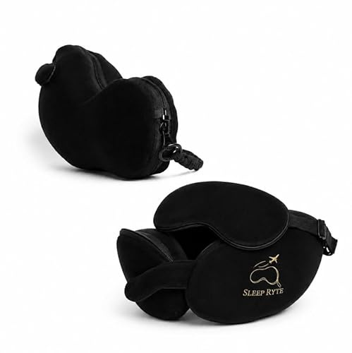 Travel Neck Pillow with Memory Foam & Cooling Gel, Converts from Compact Pouch to Pillow, Built-in Eye Mask & Headband, 360° Support for Flights, Airplane, Travel & Sleeping