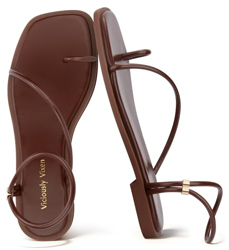 Viciously Vixen Womens Flats Loop Sandals Square Toe Strappy Ankle Strap Summer Flat, Chocolate 9