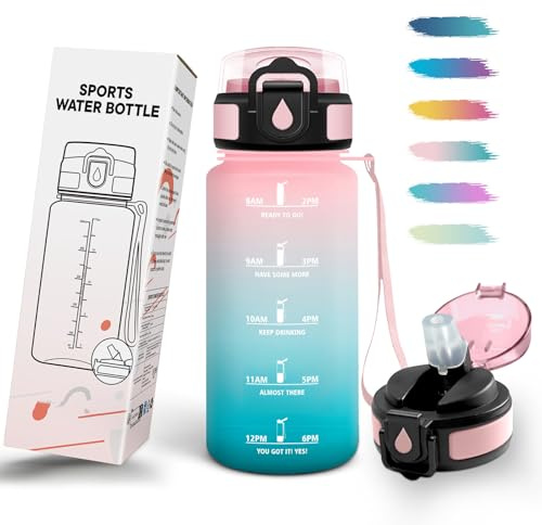 Mulbijeo Gourde Paille, Portable, Bouteille 500ml, Étanches, Bouteille d'eau Sans BPA, Échelle de Temps et Slogans de Motivation, Gourde pour Gym, Ecole, Cyclisme, Plein Air, Sport